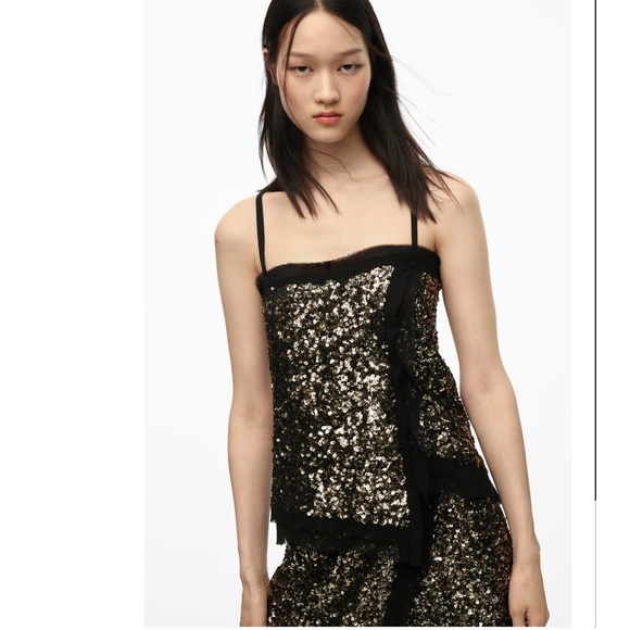 ZARA Limited Edition SEQUIN Chiffon Trimmed Black TOP sz.XS - Picture 3 of 16